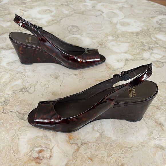Stuart Weitzman Tortoise Shell Patent Leather Peep Toe Wedge Slingback Heels - Picture 6 of 13